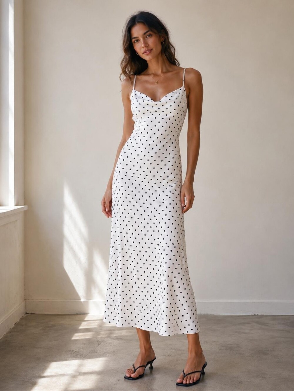 Mango White Maxi Slip Dress with Black Polka Dots